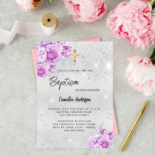 Silver pink pink flowers girl Baptism Invitation Postcard