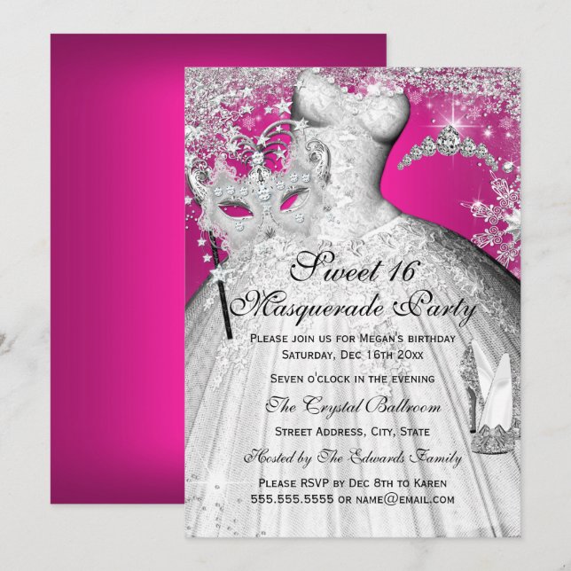 Silver Pink Princess Masquerade Sweet 16 Invite (Front/Back)