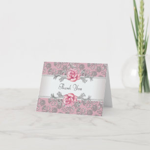Silver Pink Rose Damask Thank You Cards