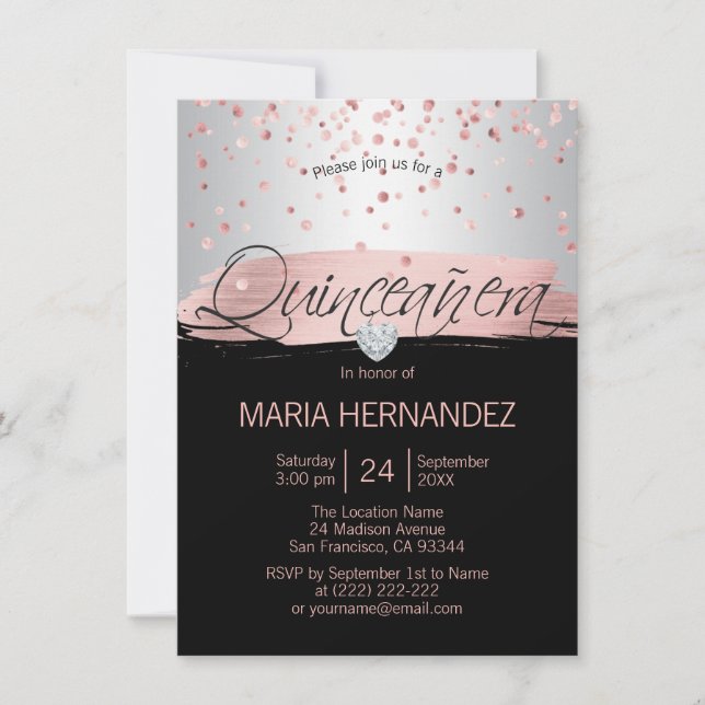 Silver Pink Rose Gold Foil Black QUINCEANERA 15 Invitation (Front)