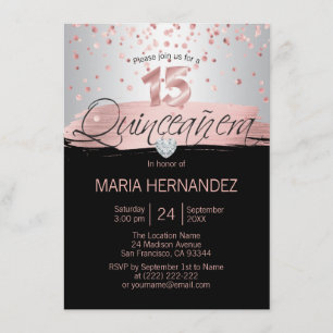 Silver Pink Rose Gold Foil Black QUINCEANERA 15 Invitation