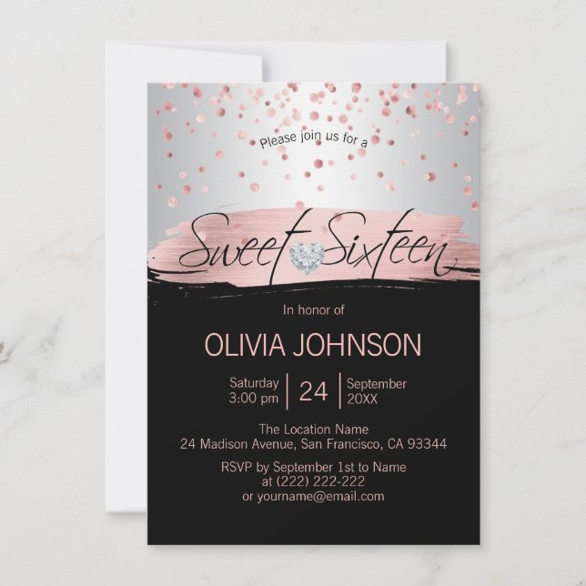 Silver Pink Rose Gold Foil Black SWEET SIXTEEN 16 Invitation (Front)