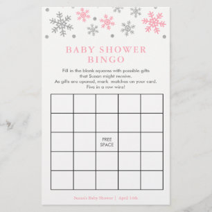 Silver-Pink Snowflake Baby Shower Bingo Game Card