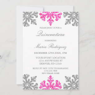 Silver Pink Snowflake Winter Quinceanera Invitation