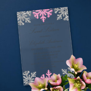 Silver Pink Snowflake Winter Sweet 16 Acrylic Invitations