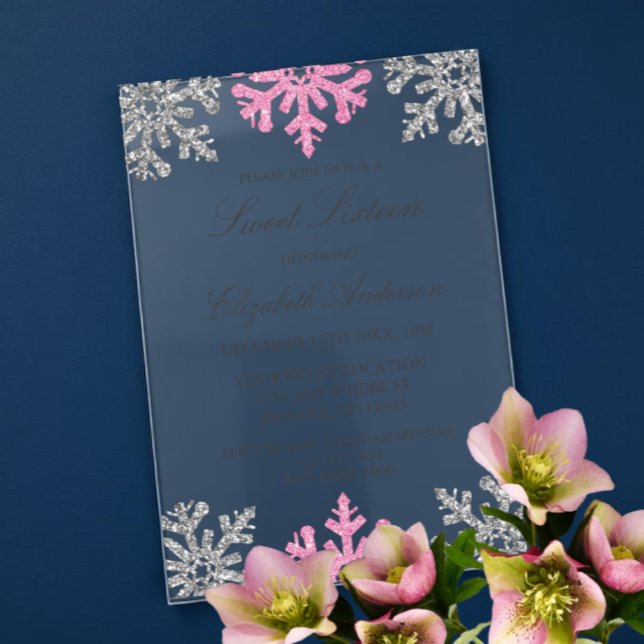 Silver Pink Snowflake Winter Sweet 16 Acrylic Invitations (Creator Uploaded)