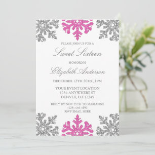 Silver Pink Snowflake Winter Sweet 16 Invitation