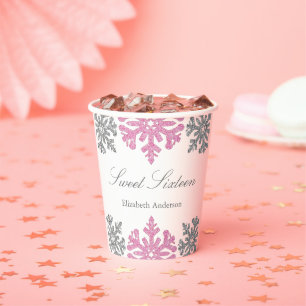 Silver Pink Snowflake Winter Sweet 16 Paper Cups