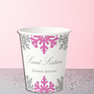 Silver Pink Snowflake Winter Sweet 16 Paper Cups