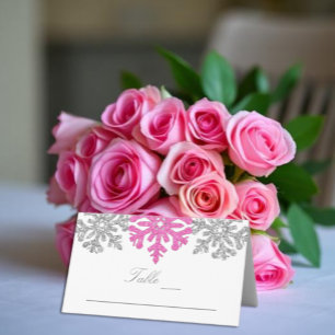 Silver Pink Snowflakes Winter Wedding Place Card