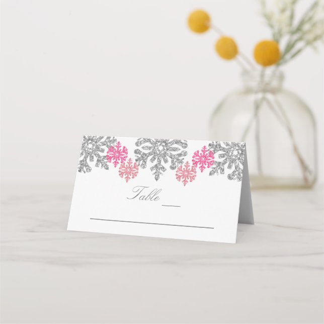 Silver Pink Snowflakes Winter Wedding Place Card (Front)