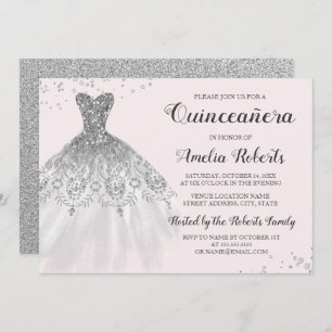 Silver Pink Sparkle Dress Quinceanera Invitation