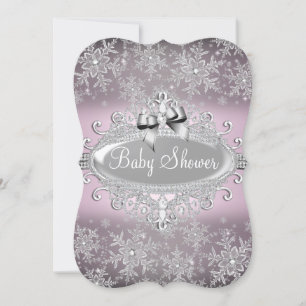Silver Pink Sparkle Snowflake Baby Shower Invite
