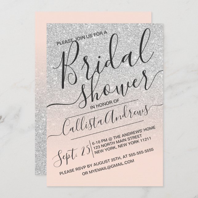 Silver Pink Sparkly Glitter Ombre Bridal Shower Invitation (Front/Back)