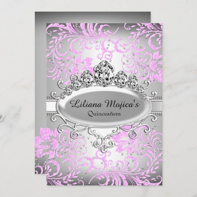 Silver Pink Tiara & Glitter Floral Quinceanera Invitation (Front/Back)