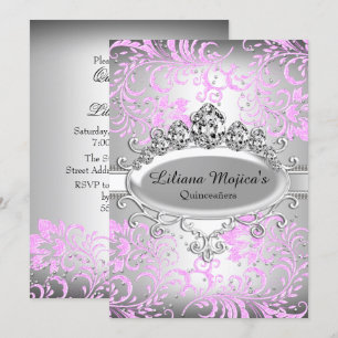 Silver Pink Tiara & Glitter Floral Quinceanera Invitation