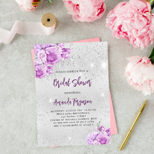 Silver pink violet flowers Bridal Shower Invitation
