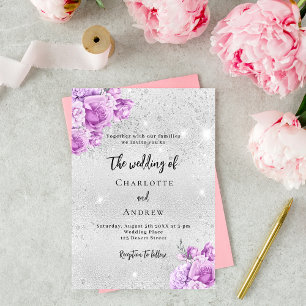 Silver pink violet flowers wedding invitation