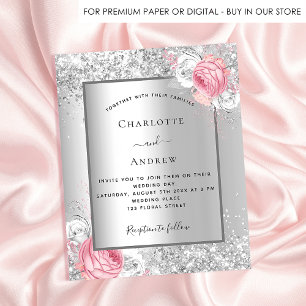 Silver pink white floral budget wedding invitation flyer