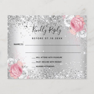 Silver pink white floral glitter wedding RSVP card