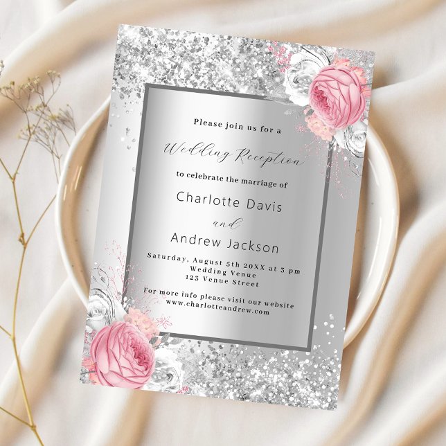 Silver pink white floral luxury wedding reception invitation (Creator Uploaded)