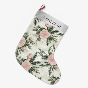 Silver Pink White Flowers Christmas  Large Christmas Stocking