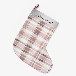 Silver Pink White Plaid Stripes Christmas  Large Christmas Stocking