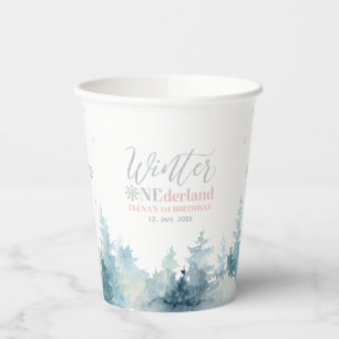 Silver & Pink Winter Onderland 1st Birthday Party Paper Cups