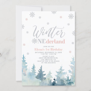 Silver & Pink Winter onederland 1st birthday party Invitation