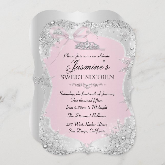 Silver Pink Winter Snowflake Sweet 16 Invitation (Front/Back)