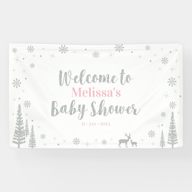 Silver Pink Winter Wonderland Baby Shower Welcome Banner (Horizontal)