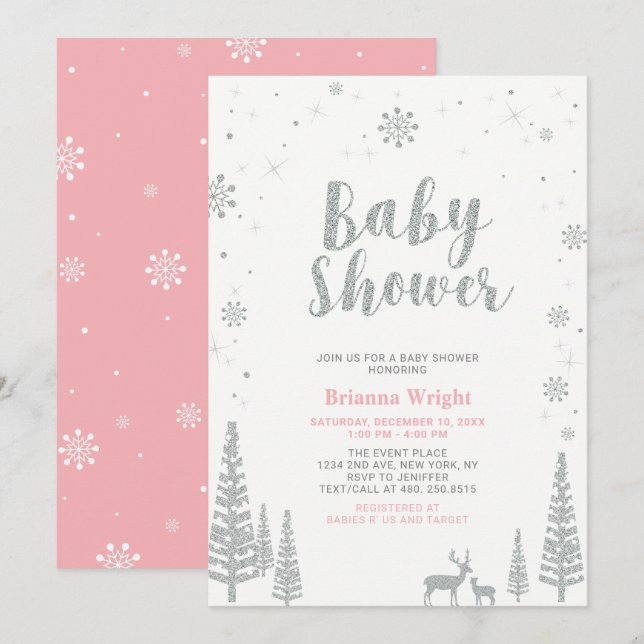 Silver & Pink Winter Wonderland Girl Baby Shower Invitation (Front/Back)