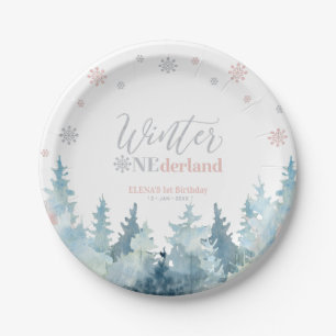 Silver & Pink Winter Wonderland Snow 1st Birthday Paper Plate