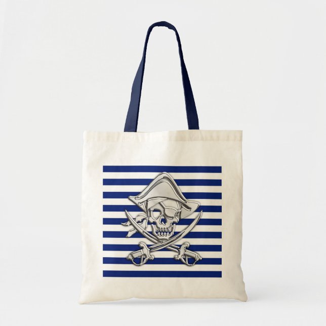 Silver Pirate on Nautical Stripes Tote Bag (Front)
