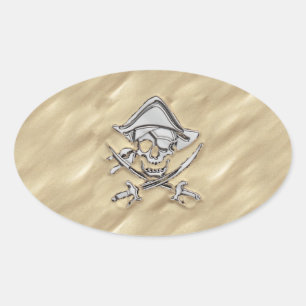 Silver Pirate Skull in the Sand Decor Oval Sticker