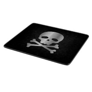 Silver Pirate Skull on Black Background Cutting Board
