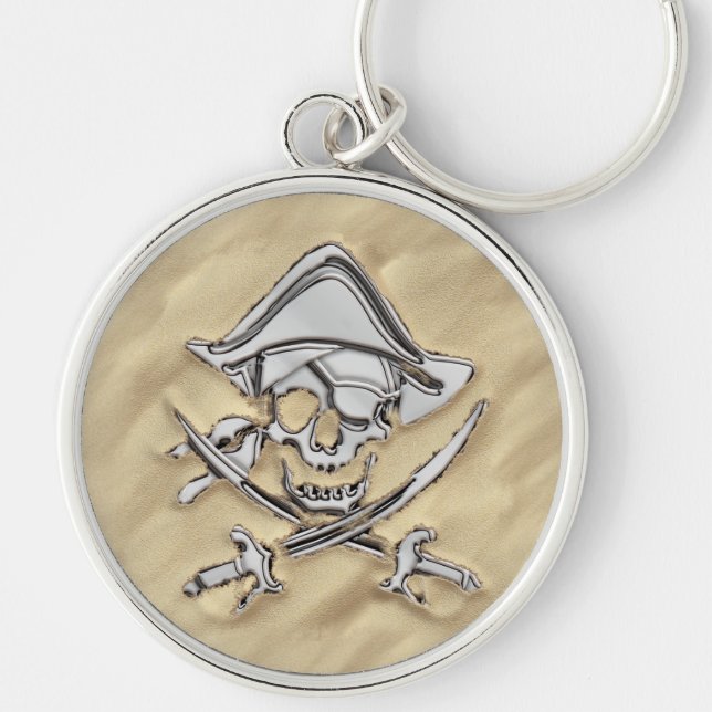 Silver Pirate Skull on the Beach Key Ring (Front)