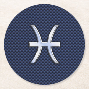 Silver Pisces Zodiac Sign Blue Carbon Fibre Print Round Paper Coaster