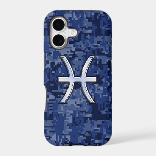 Silver Pisces Zodiac Sign Navy Blue Digital Camo