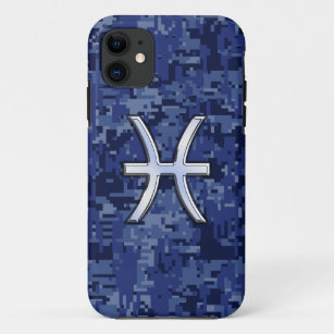 Silver Pisces Zodiac Sign Navy Blue Digital Camo iPhone 11 Case