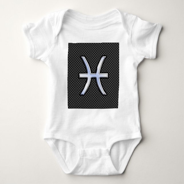 Silver Pisces Zodiac Sign on Carbon Fibre Print Baby Bodysuit (Front)