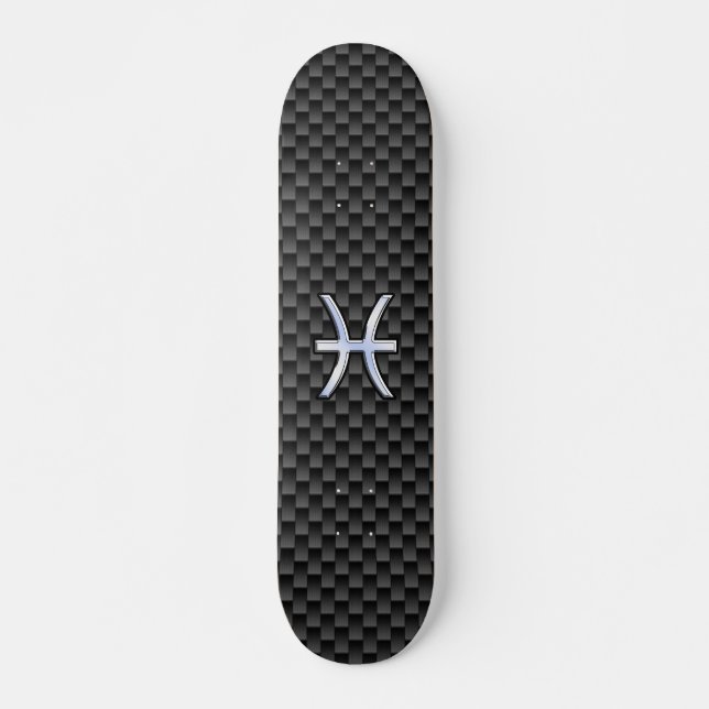 Silver Pisces Zodiac Sign on Carbon Fibre Print Skateboard (Front)