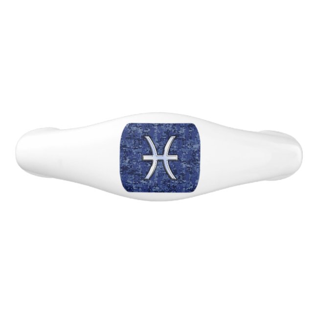 Silver Pisces Zodiac Symbol Navy Blue Digital Camo Ceramic Drawer Pull (Front)