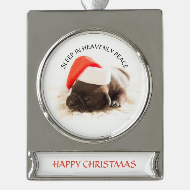 SILVER PLATED Banner Ornament PUPPY IN Santa hat (Front)