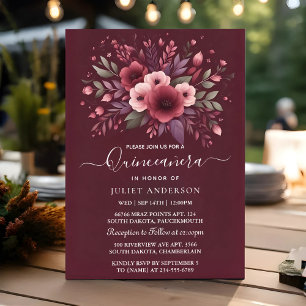 Silver Plum Lace Gown Boho Burgundy Quinceanera Invitation