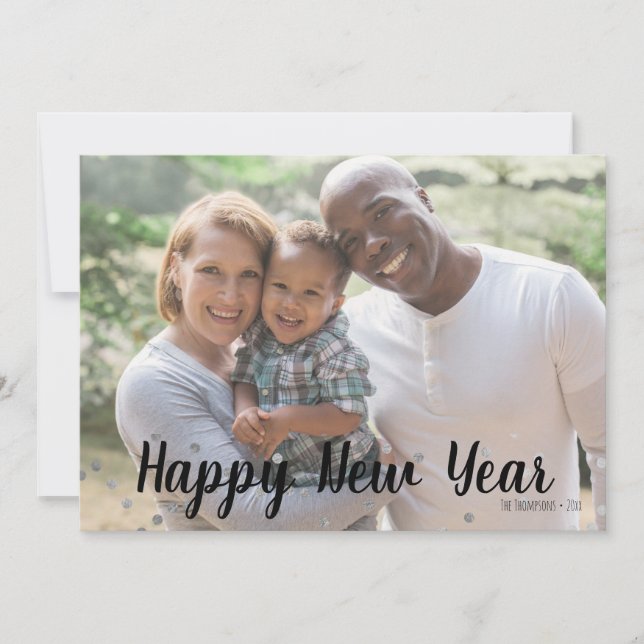 Silver Polka Dot Happy New Year Photo Card (Front)