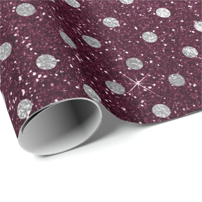 Silver Polka Dots Grey Glitter Beetroot Burgundy Wrapping Paper (Roll Corner)