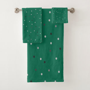Silver Polka Dots on Green Bath Towel Set