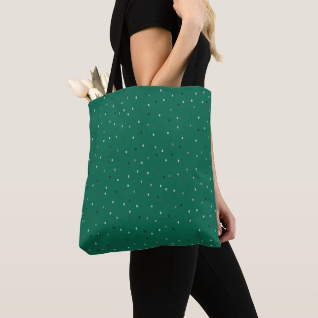 Silver Polka Dots on Green Tote Bag (Close Up)