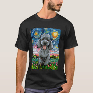 Silver Poodle Cute Puppy Gray Starry Night Dog Art T-Shirt